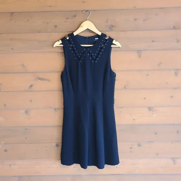 Rag & Bone Lillian Dress Black Laced Collar Grommet Lacing Cutouts Size 2 Mini - Picture 2 of 6